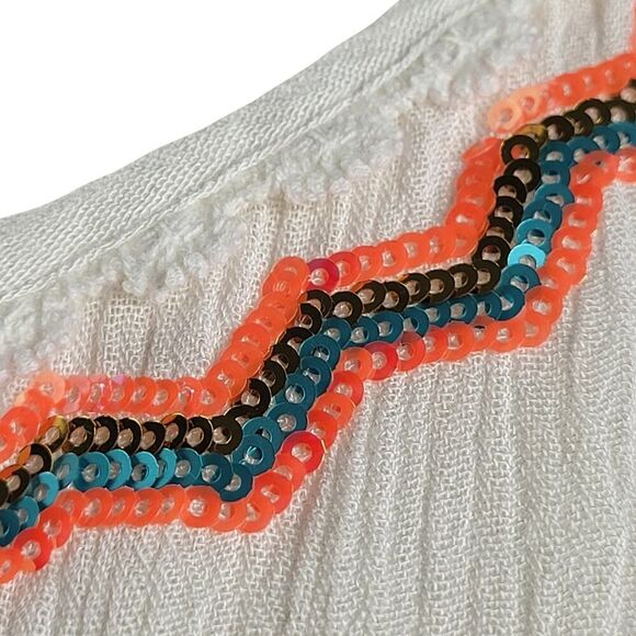 NEW POL Small Off-White Crinkled Cotton Blouse Embroidered Tie Tassels BOHO - Picture 13 of 15